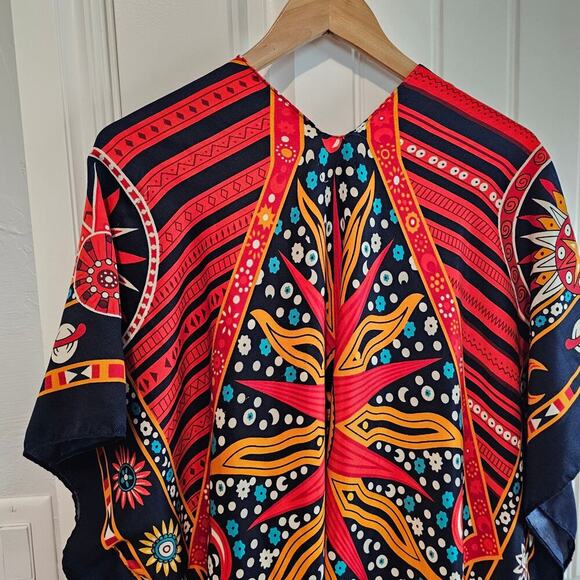 Floral Kimono Womens 2X Red Sun Moon Fringe Open Indie Relaxed Boho Festival - Picture 6 of 11